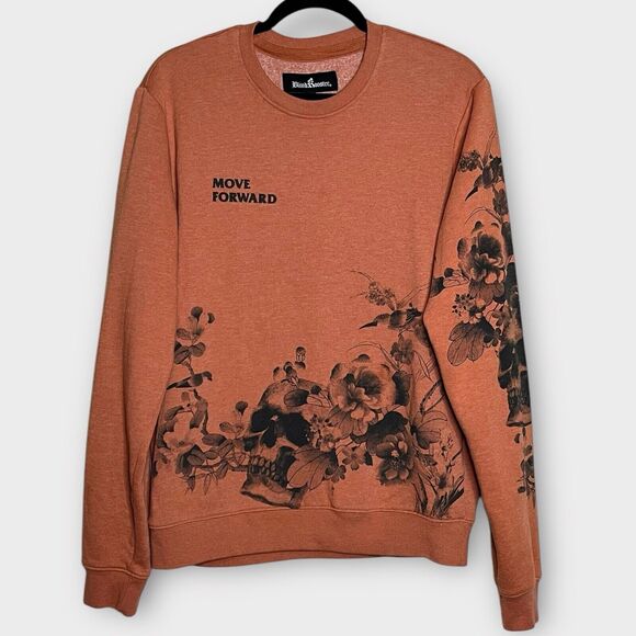 BLIND ROOSTER Fleece Crewneck Pullover Rust Medium Fall Floral Goth Skull Art - Picture 1 of 7